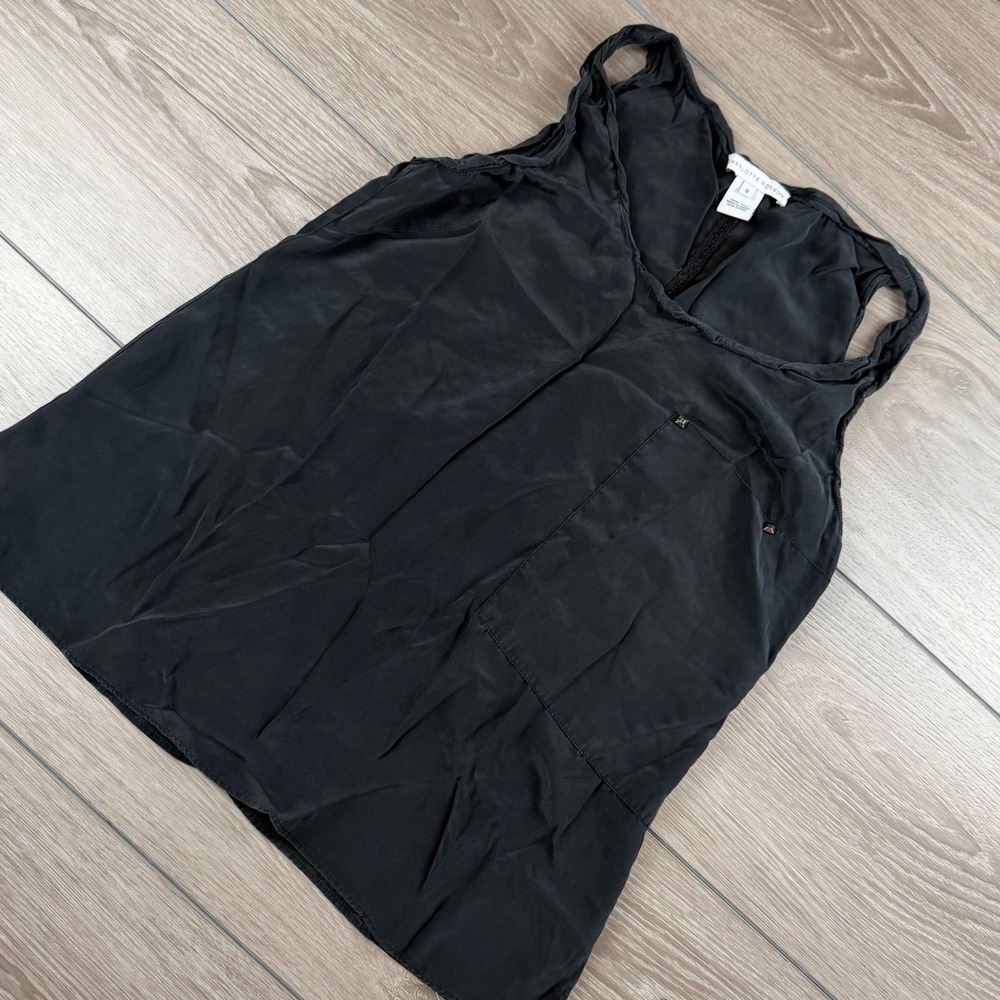 Charlotte Ronson Womens Tank Top 100% Silk Studded Pocket Black Size 8